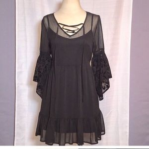 Band of Gypsies Black Velvet Burnout Lace Up Dress